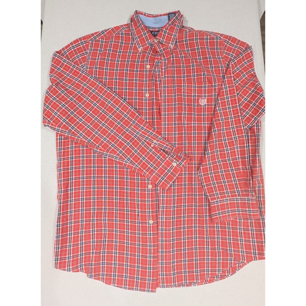Chaps Button Down Shirt Mens LT Red Plaid Excellent Easy Care Long Sleeve